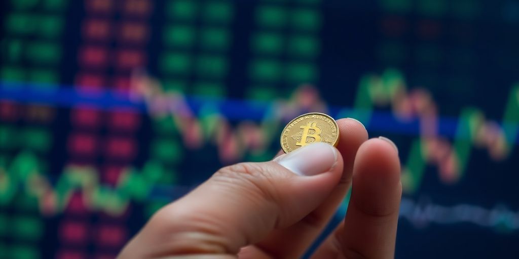Hand holding a gold coin, symbolizing investment opportunity.
