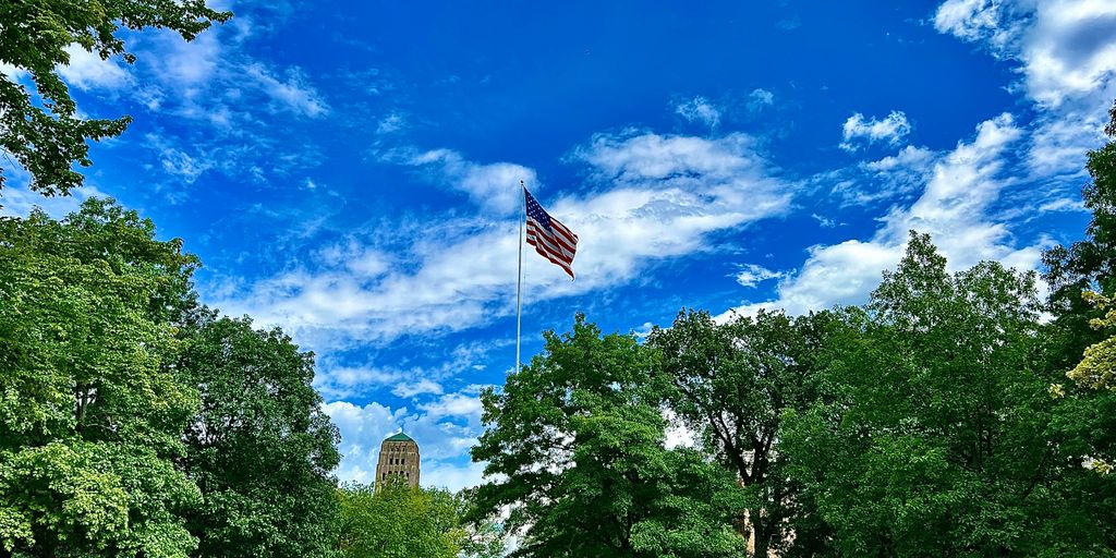 an american flag flying in the sky over a park