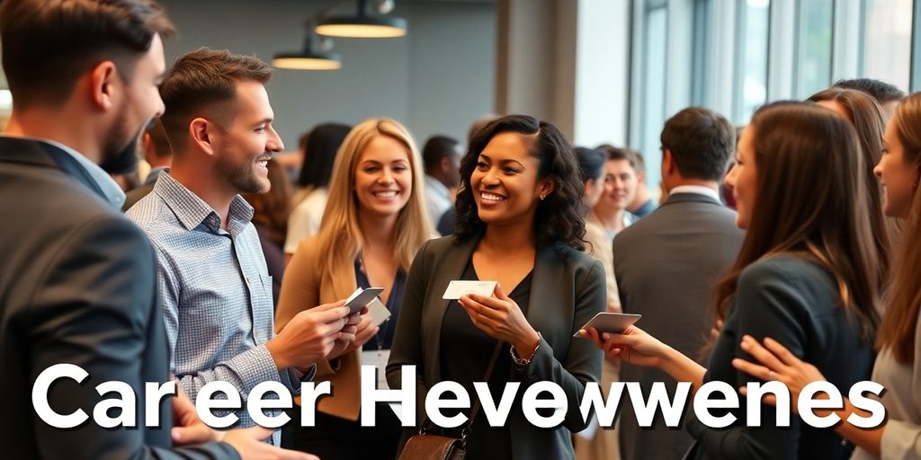Diverse professionals networking at a lively event.
