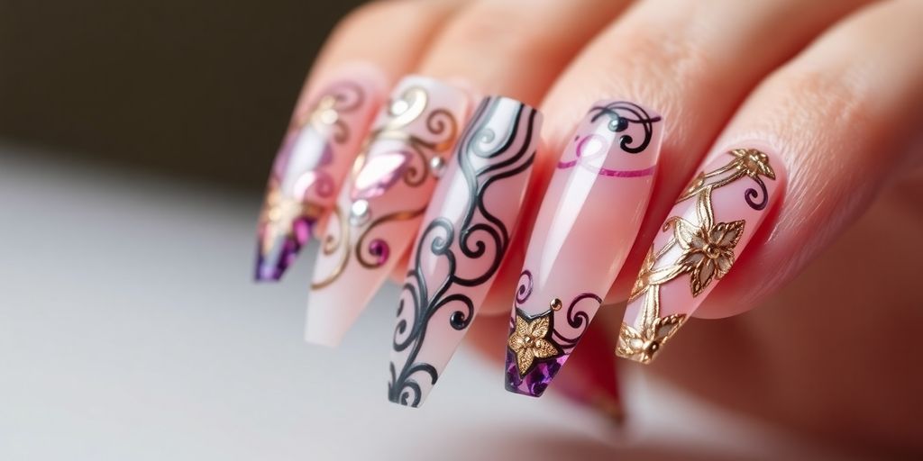 Elegant elongated nails with intricate designs and colors.