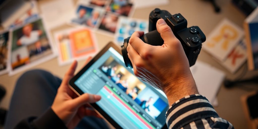 Creative hands holding camera, editing software, vibrant content.