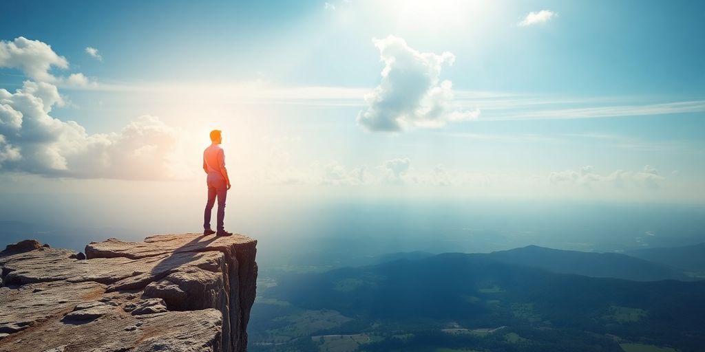 Person looking ahead over a landscape.