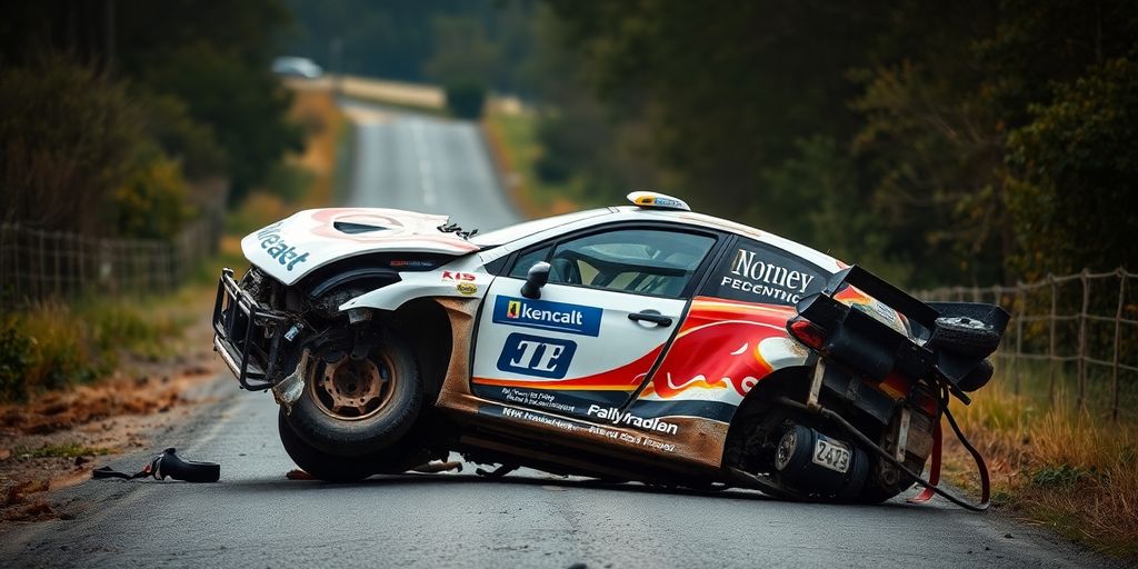 Voiture de rallye accidentée sur la route.