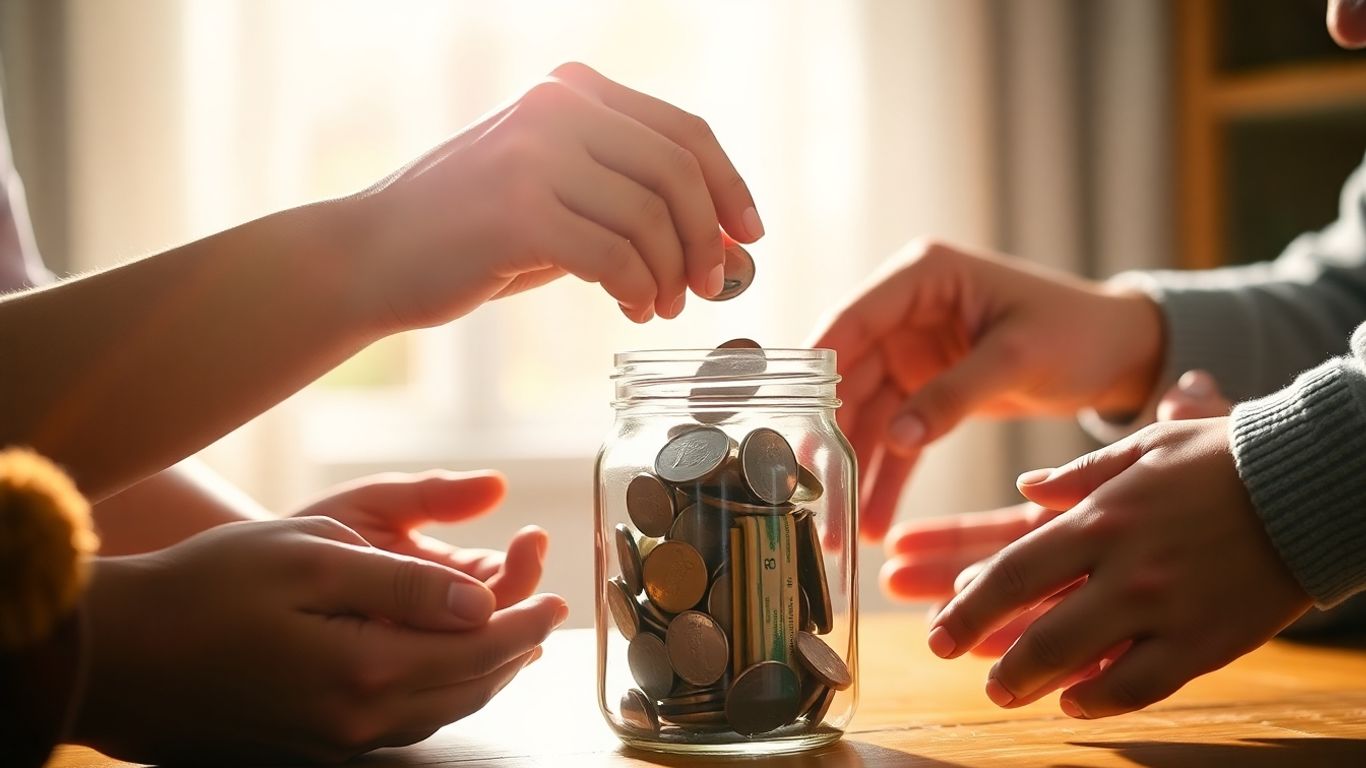 Hands contributing coins to a jar, bathed in warm light.