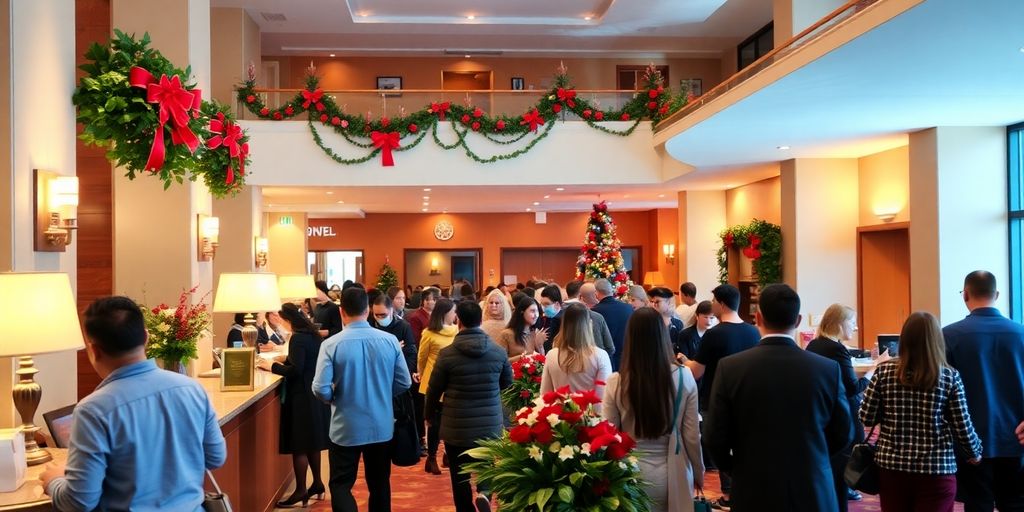 A photo of a busy hotel lobby.