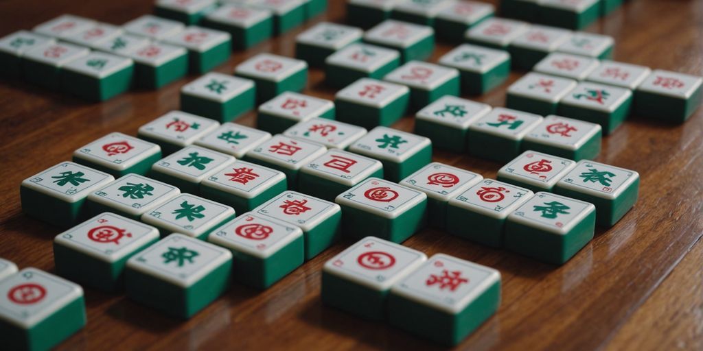 Mahjong character tiles on a wooden table
