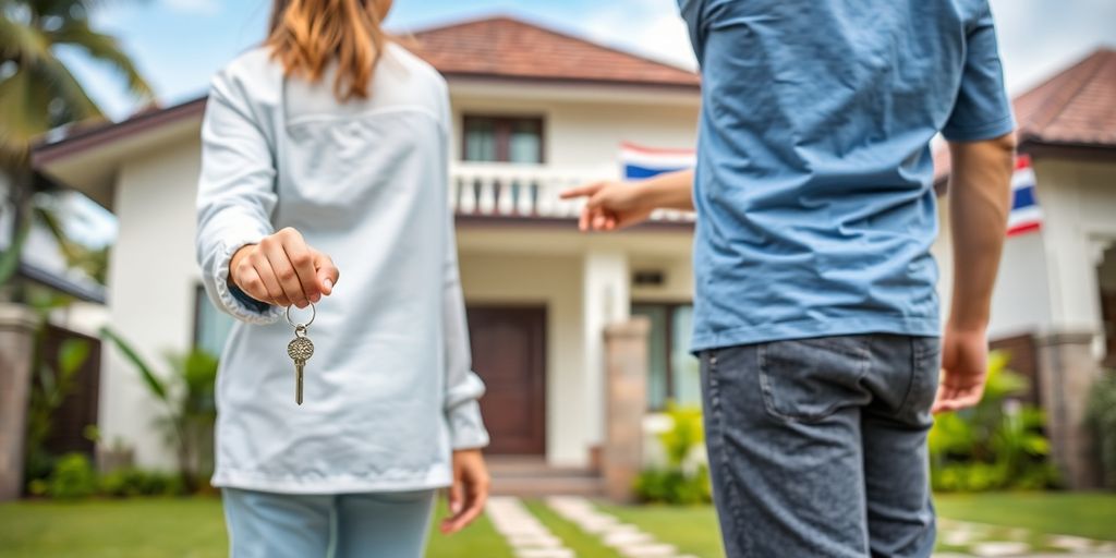 Couple looking at a house with Thai flag.