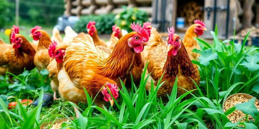 Chickens foraging in a lush green farm setting.