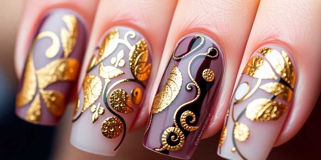 Unhas decoradas com folhas de ouro, elegantes e sofisticadas.