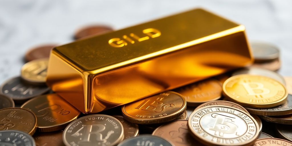 Barre d'or sur un lit de pièces de monnaie.