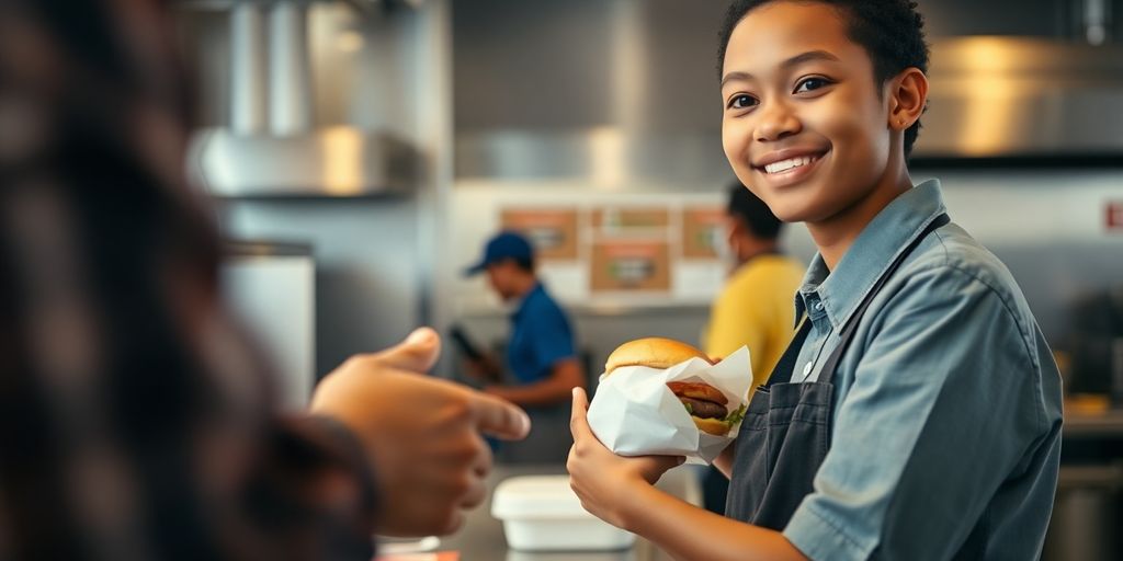 Teenager serving food in bustling restaurant