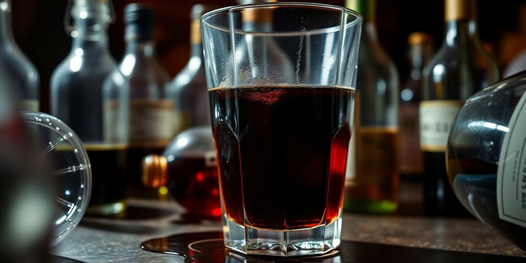 Close-up of a drink surrounded by empty bottles.