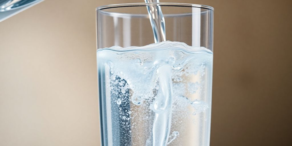 Sparkling water pours into glass.