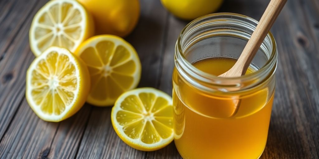 Lemon slices and honey jar on a wooden table.