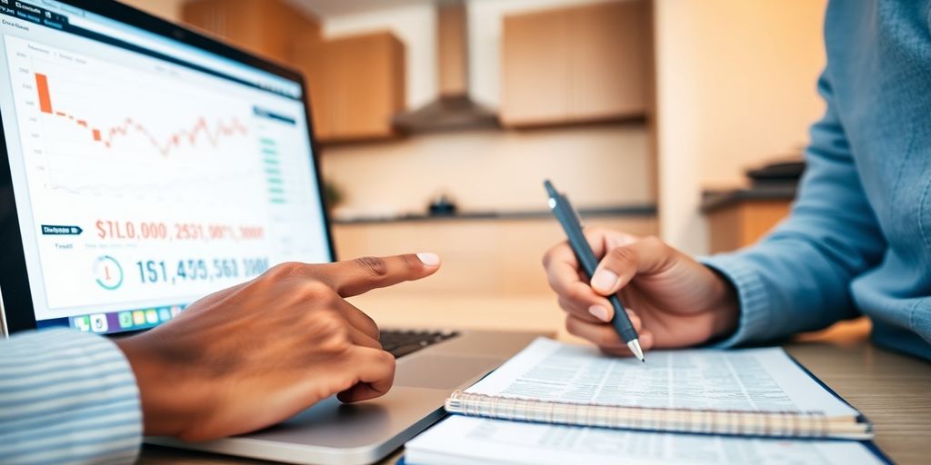 Couple reviewing finances at kitchen table.