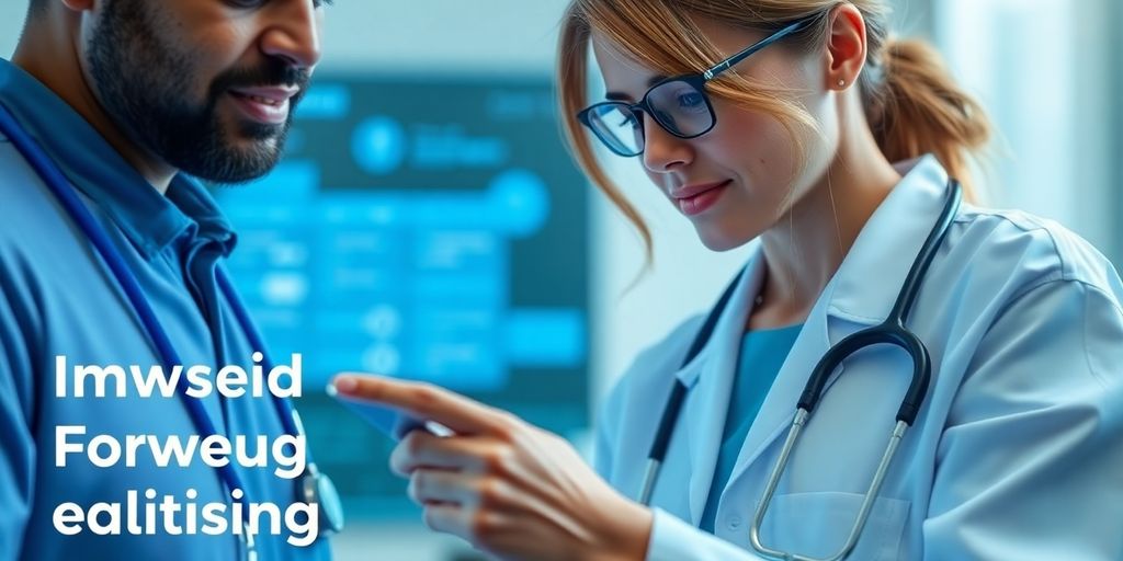 Patient and doctor interacting with CRM interface.
