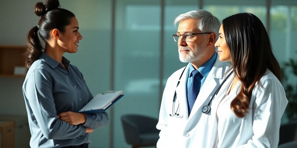 Des employés discutent avec un médecin en blouse blanche.