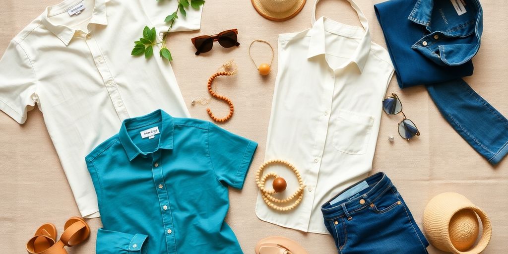 Sustainable clothing items displayed on a linen background.