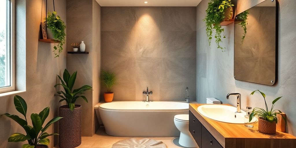 Modern bathroom with eco-friendly materials and vibrant plants.