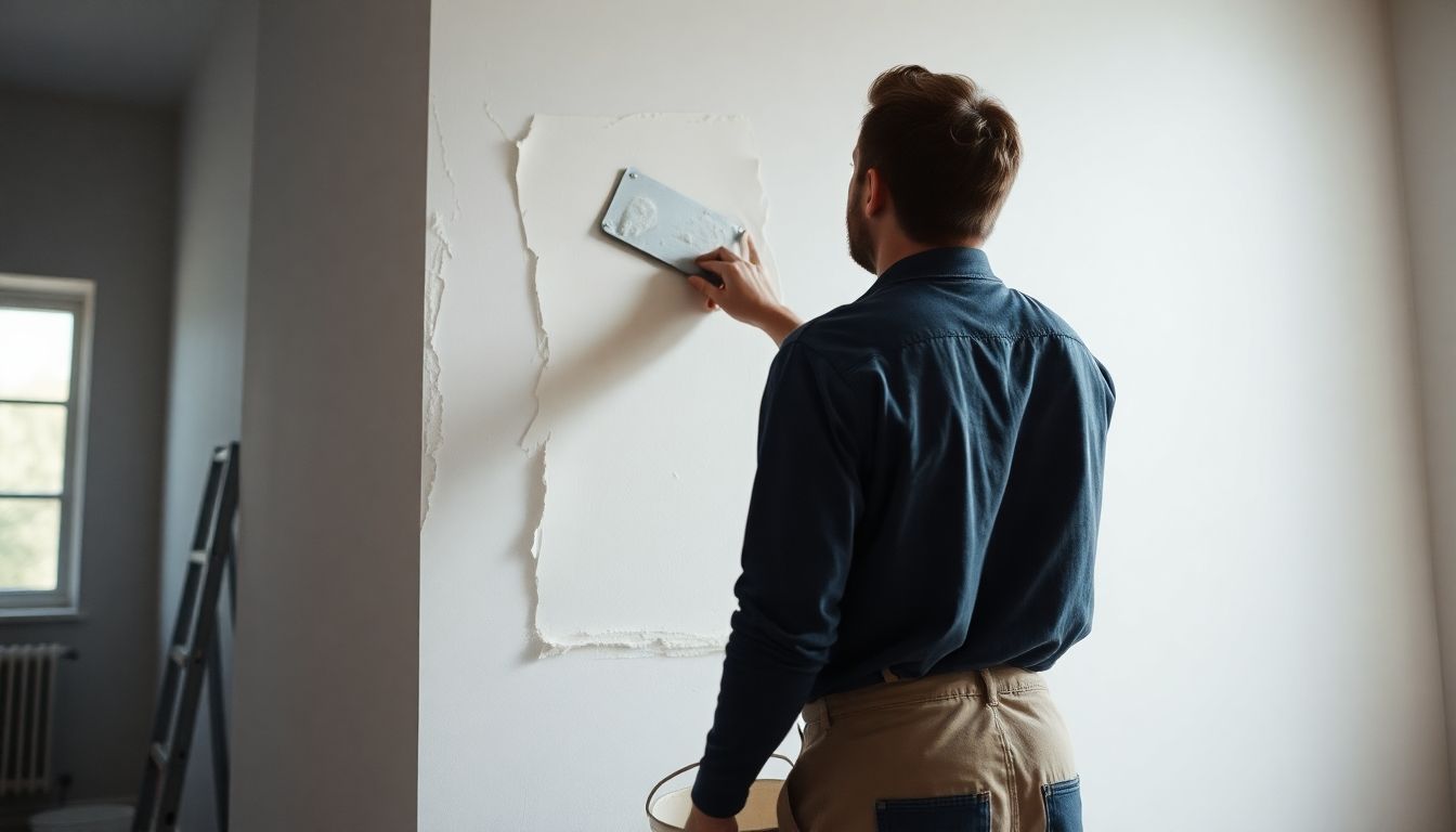 Plasterer working on a wall with tools in hand.