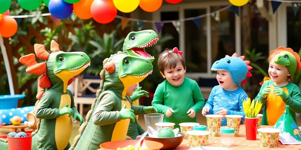 Children in dinosaur costumes playing games at a party.