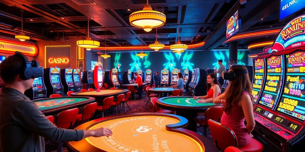 A vibrant virtual reality casino scene with gaming tables.
