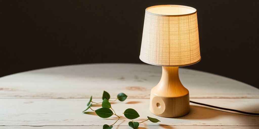 Wooden Scandi table lamp with fabric shade on a rustic table.
