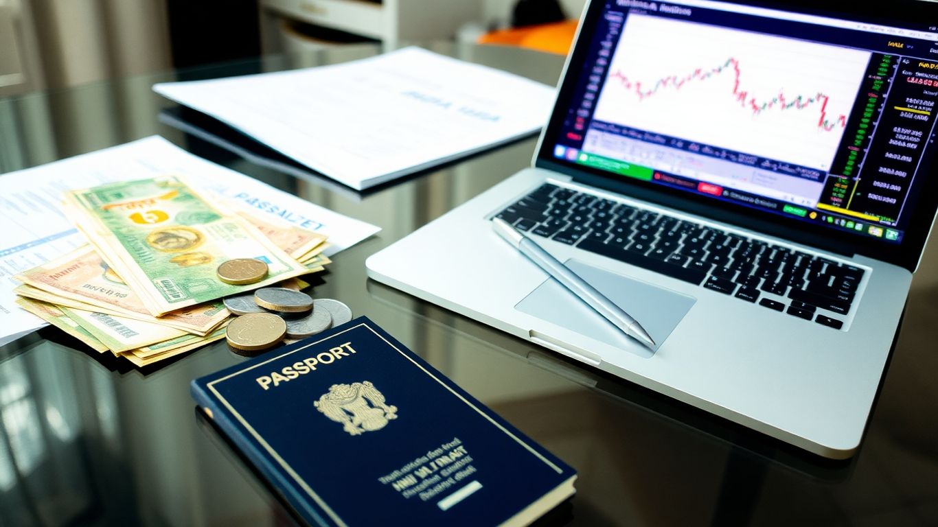 Indian currency, passport, stock chart, documents, and laptop