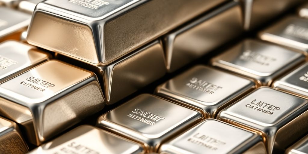 Lingots d'argent brillants empilés sur une surface réfléchissante.