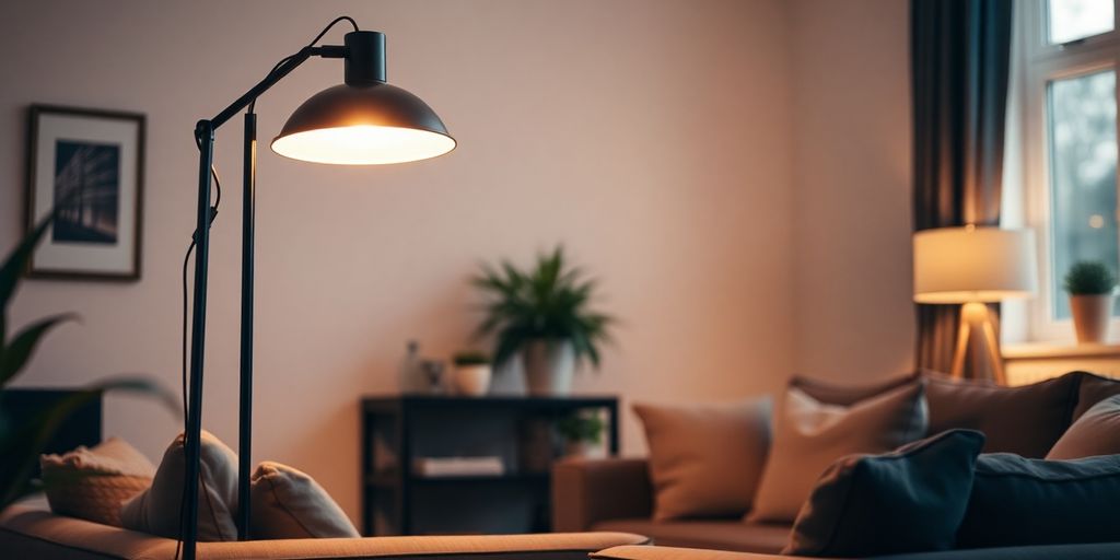 Stylish adjustable floor lamp in a modern living room.