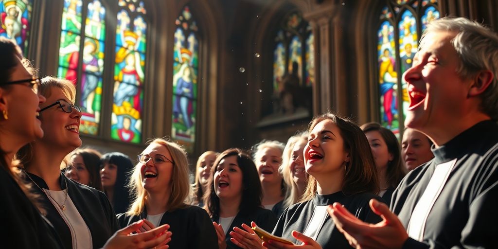 Choir singing hymns in a church.
