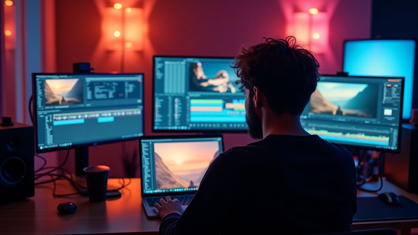 Video editor using AI tools in a vibrant workspace.