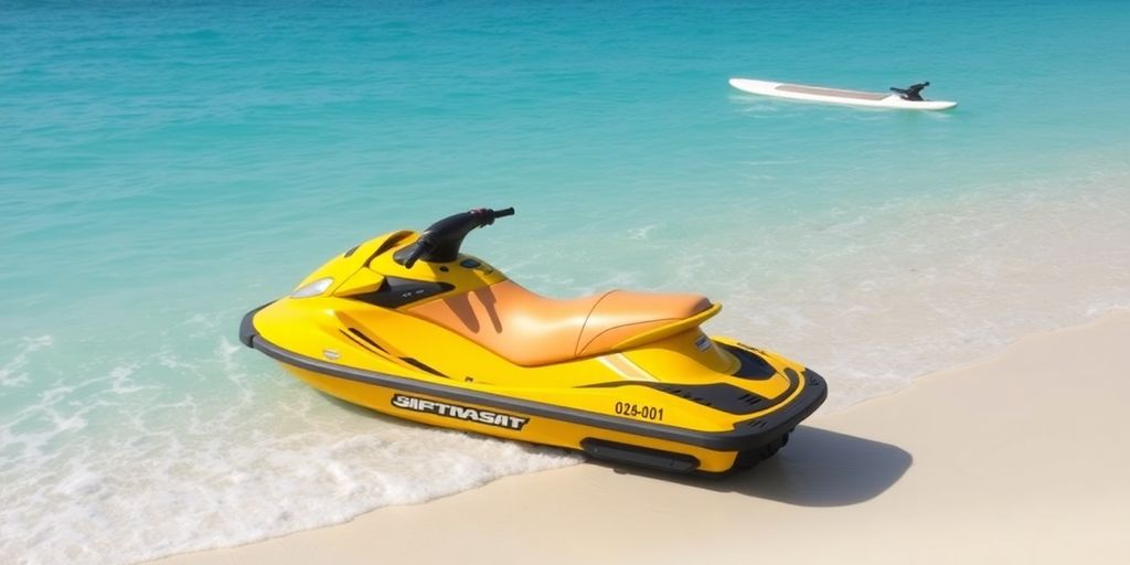 Cabo beach with jet ski and paddleboard on turquoise water.