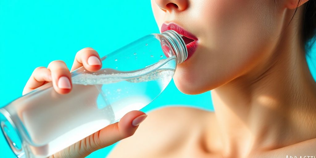 Person drinking clear water from a bottle.