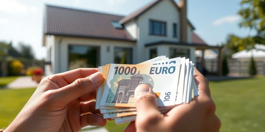 Persoon die geld vasthoudt bij een huis