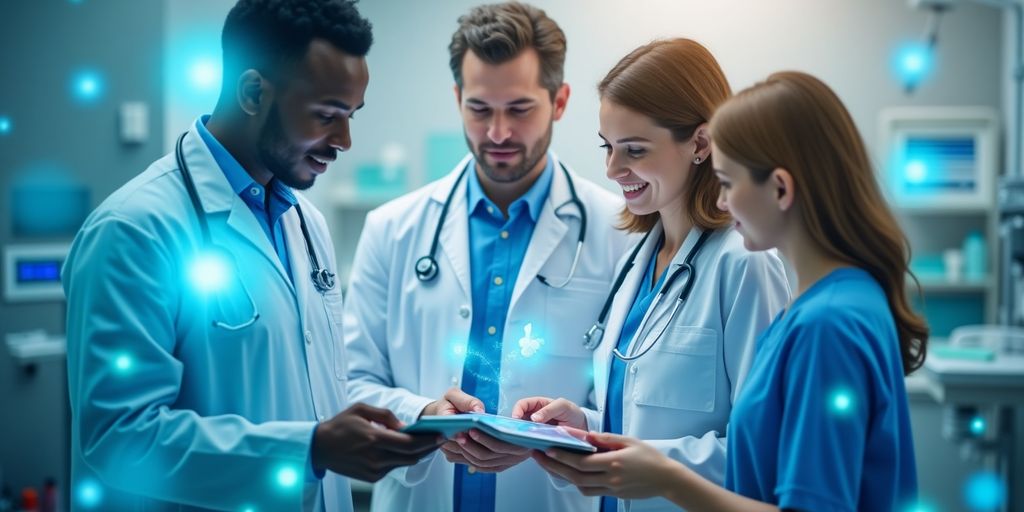 Healthcare professionals using technology in a modern setting.