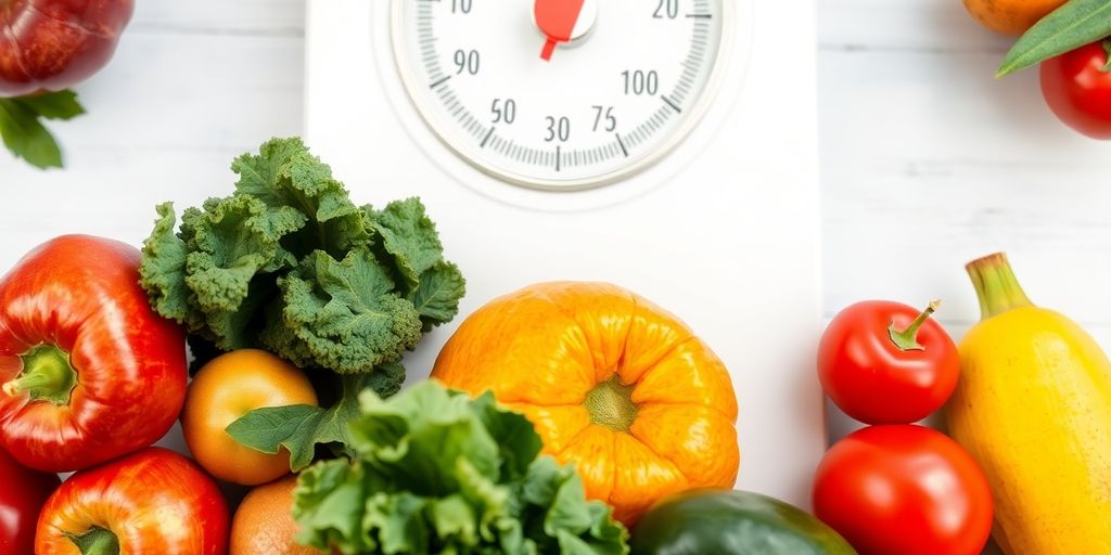 Close-up of weighing scale with fruits and vegetables.