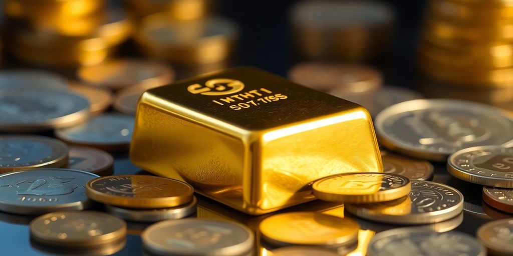 Lingot d'or sur une surface réfléchissante avec des pièces.