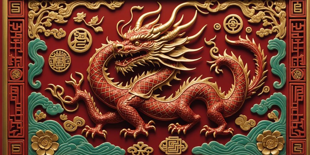 Red dragon Mahjong tile with Chinese patterns.