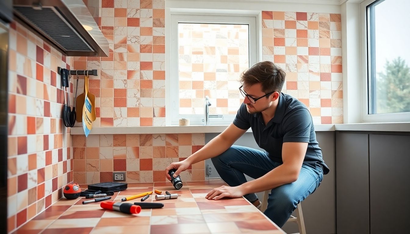 Tiler working on kitchen tiles in London.