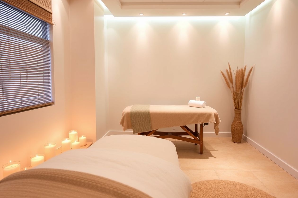 Spa room with massage table and candles