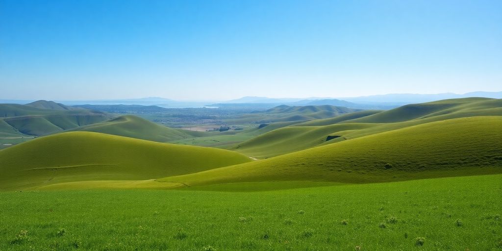 Rolling green hills, distant mountains, clear sky