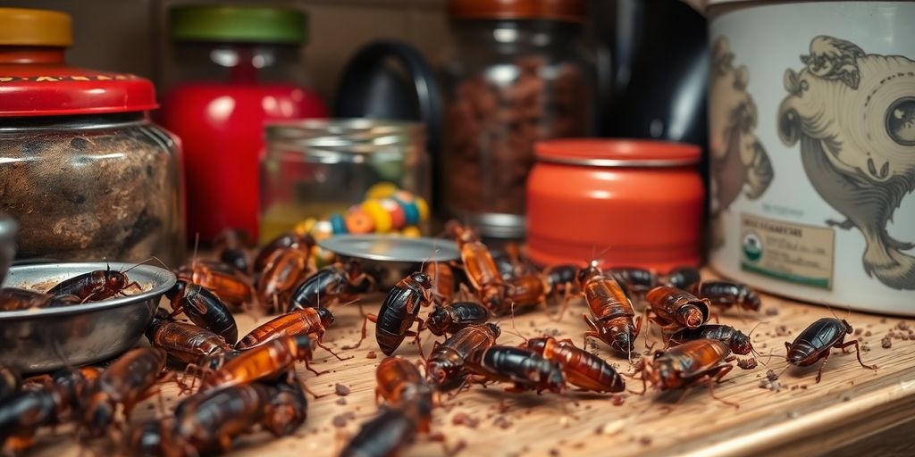 Gândaci de bucătărie într-o bucătărie murdară.