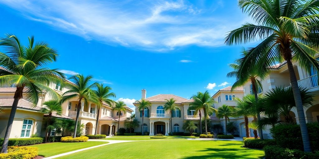 Luxurious homes in Boca Raton with palm trees and blue sky.