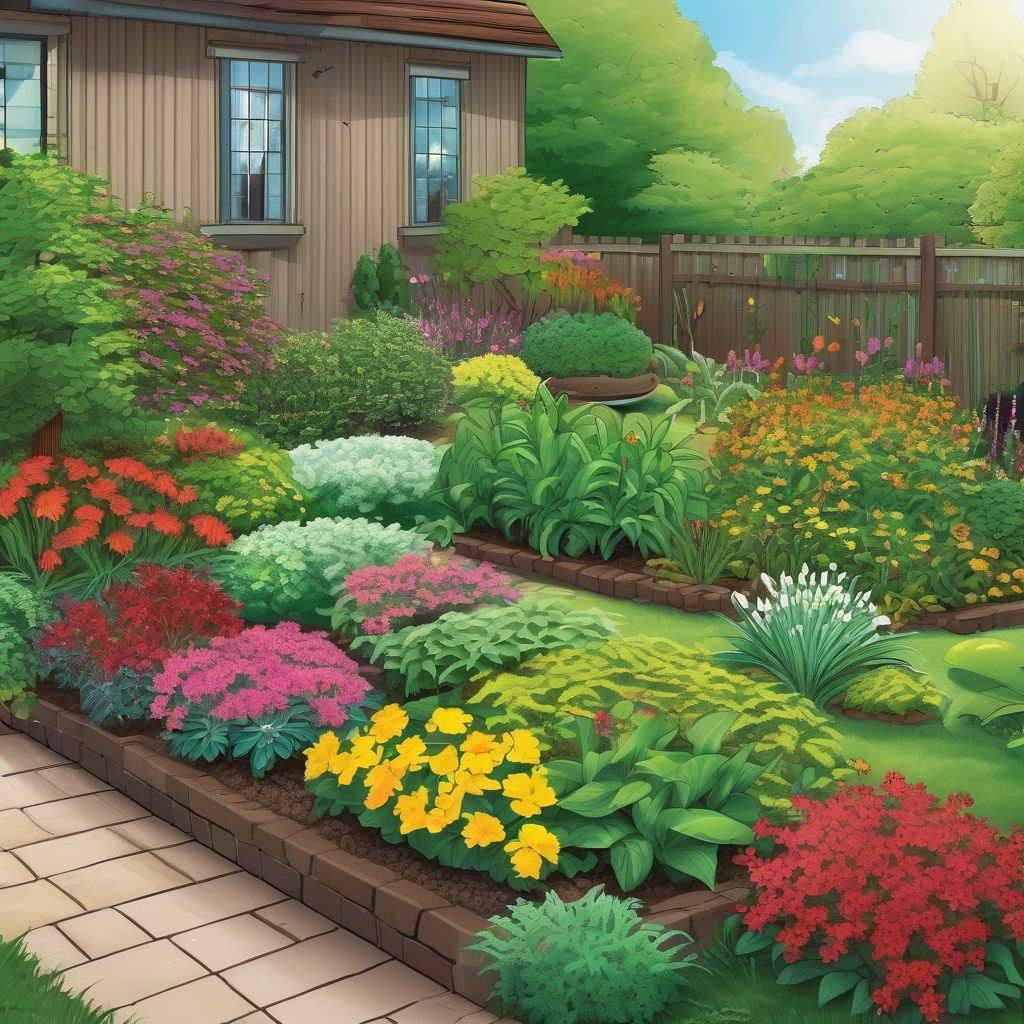 garden with various plants being fertilized, showcasing both organic and synthetic fertilizers