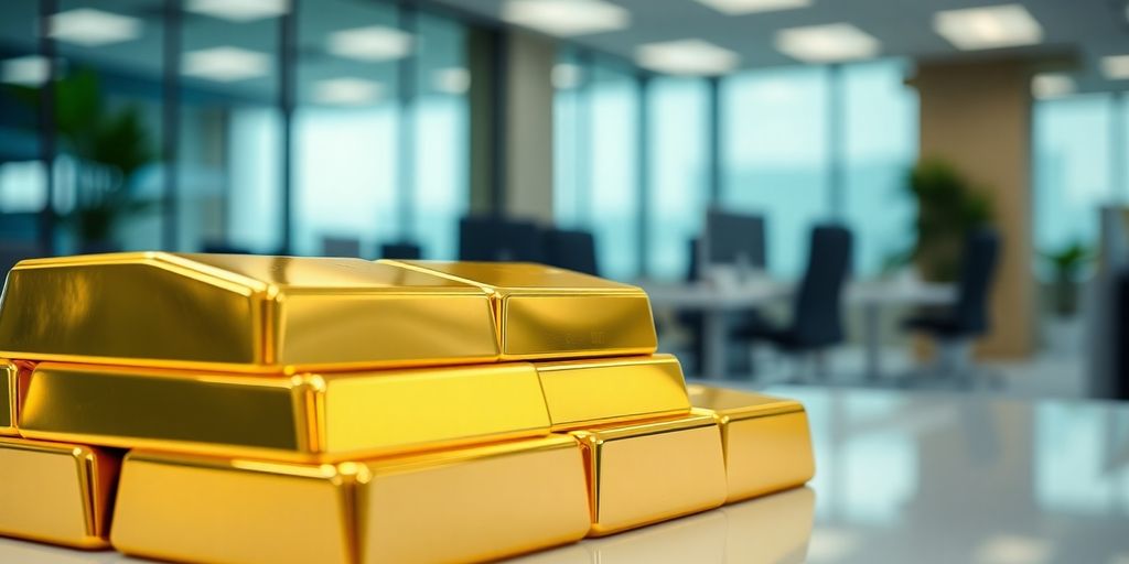 Des barres d'or empilées dans un bureau moderne.