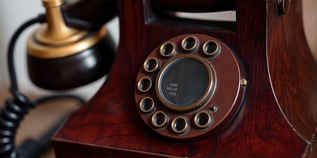 Early telephone model, dark wood, brass accents, simple design.