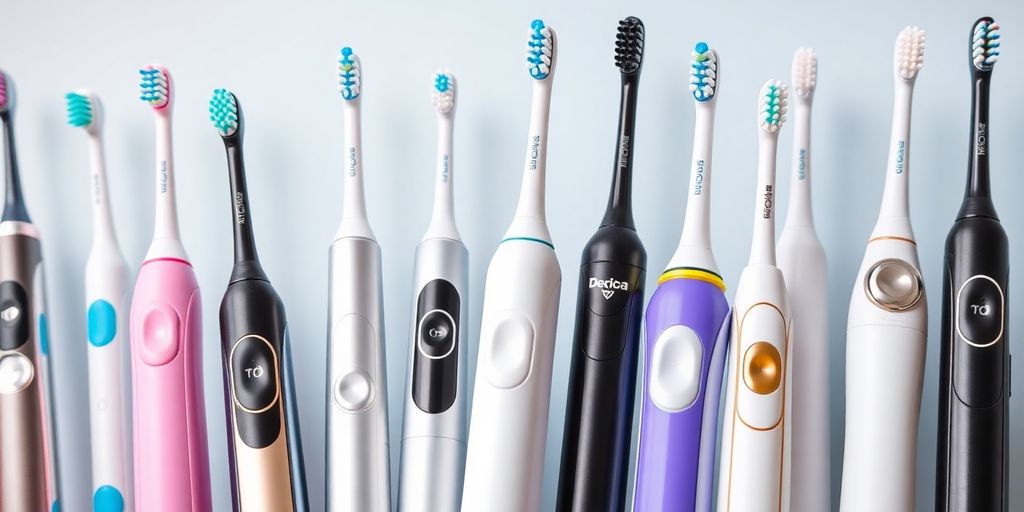 Verschiedene elektrische Zahnbürsten in einer Nahaufnahme.