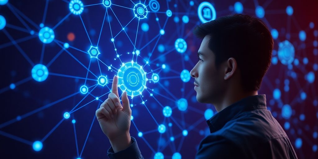 Person examining glowing interconnected digital nodes