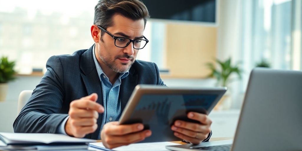 Investor analyzing data in a modern workspace.